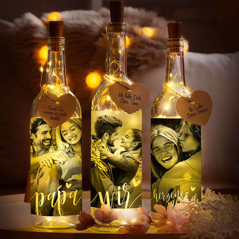 Deko-Glasflasche Nr. 7 "Foto" als personalisiertes Geschenk mit Lichterkette | Fotogeschenk | inkl. Batterien