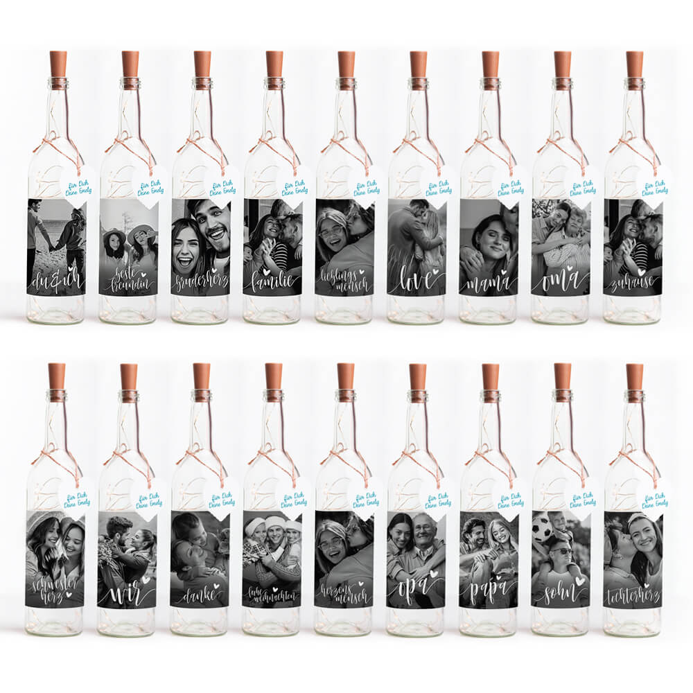 Deko-Glasflasche Nr. 7 "Foto" als personalisiertes Geschenk mit Lichterkette | Fotogeschenk | inkl. Batterien