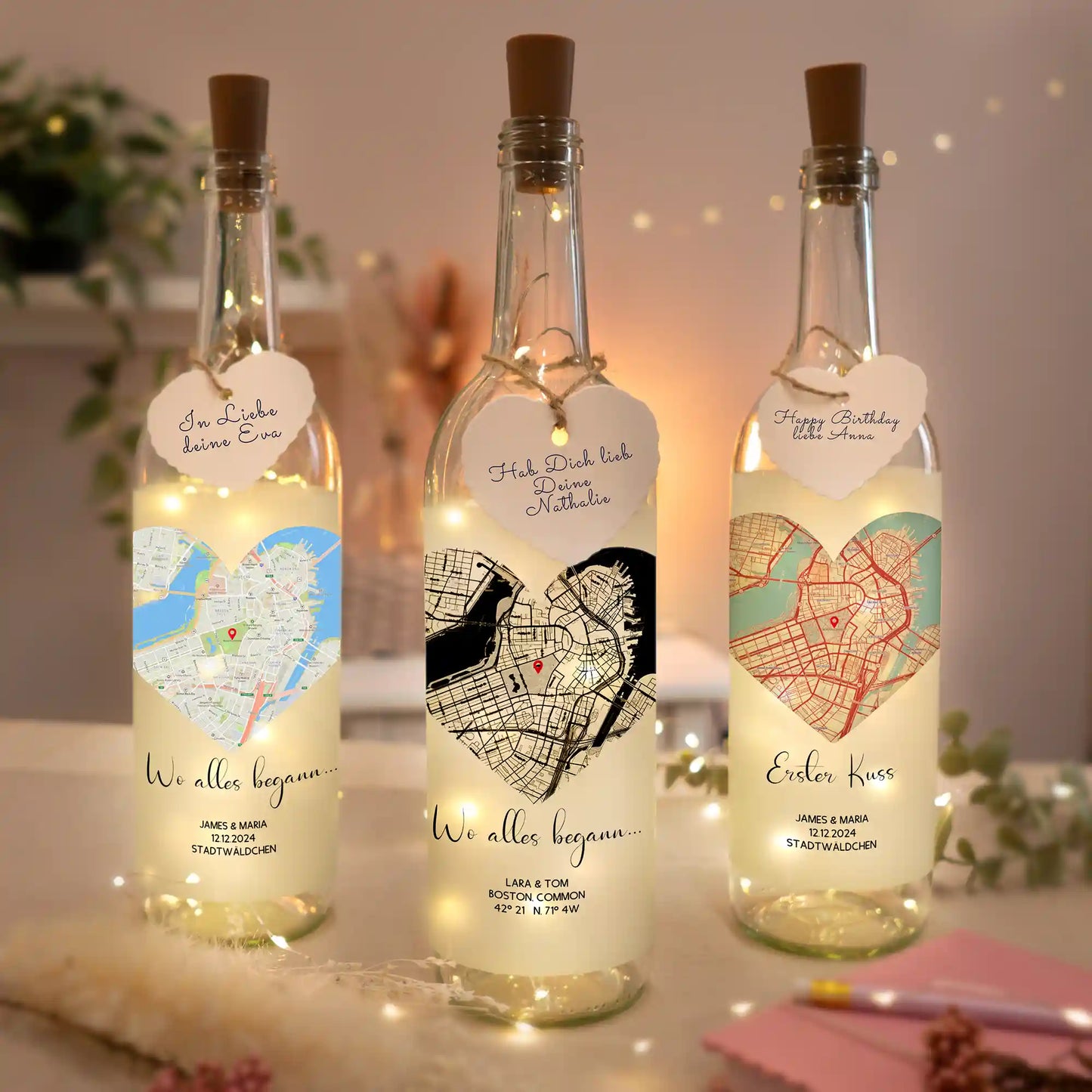 Personalisierte Lichterflasche "Wo alles begann #2" | Deine Stadt - Deine Karte - Deine Liebe