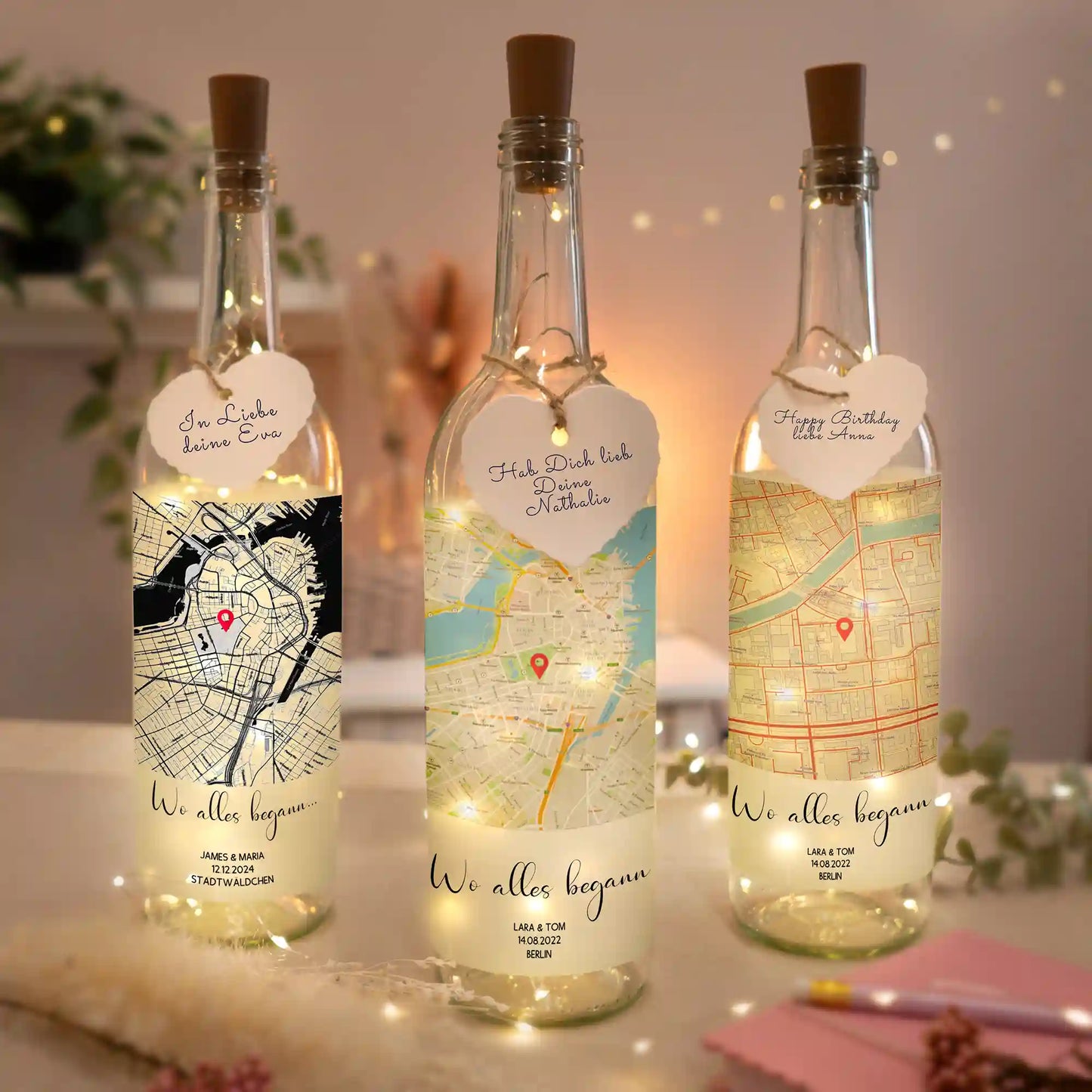 Personalisierte Lichterflasche "Wo alles begann #1" | Deine Stadt - Deine Karte - Deine Liebe