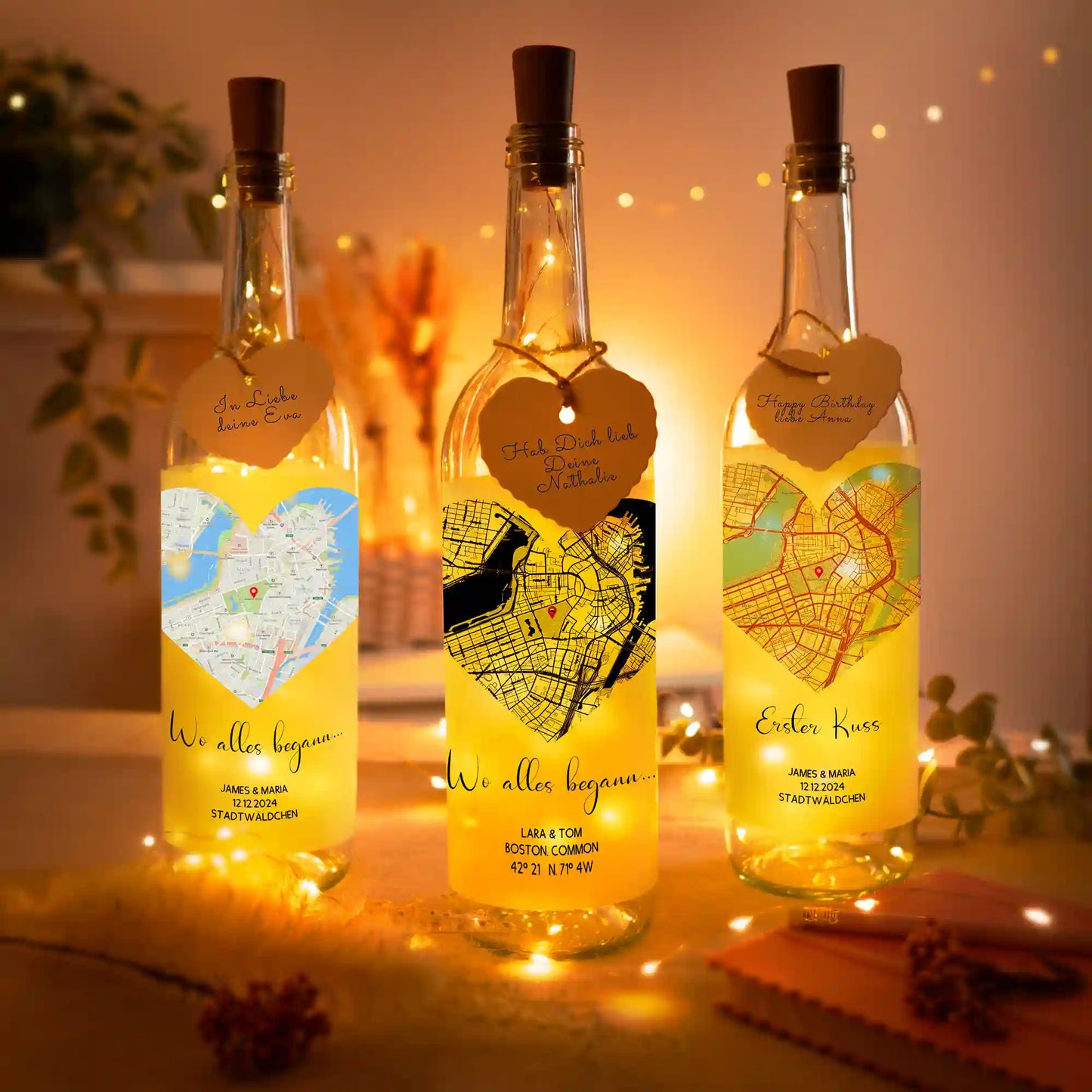 Personalisierte Lichterflasche "Wo alles begann #2" | Deine Stadt - Deine Karte - Deine Liebe