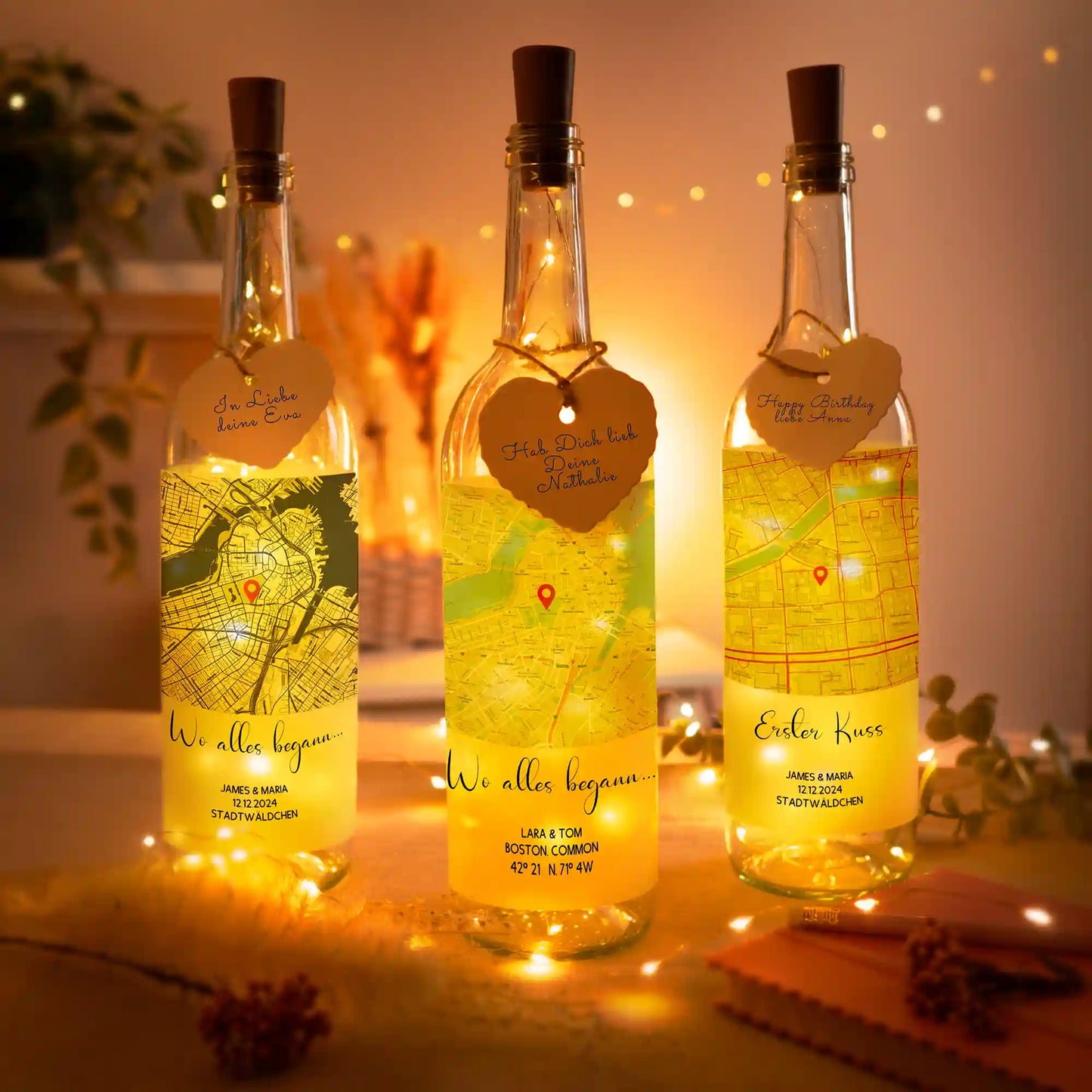 Personalisierte Lichterflasche "Wo alles begann #1" | Deine Stadt - Deine Karte - Deine Liebe