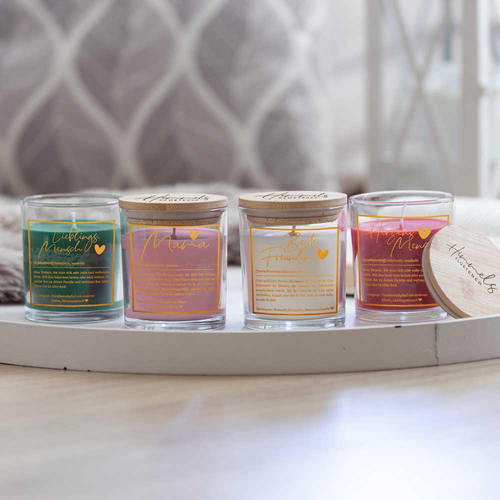 Duftkerze im Glas mit Spruch als Geschenk Nr. 1 "Definition" - Mittelgroß | Duft & Farbe wählbar | goldene Schrift | Handgegossen in Bayern | 100% Sojawachs | 200 g Wachs | 50 h Brenndauer