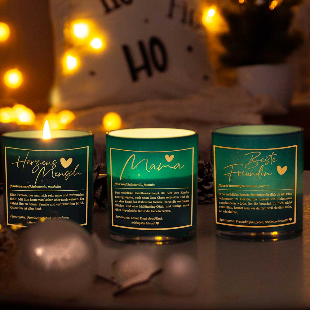 Duftkerze im Glas mit Spruch als Geschenk Nr. 1 "Definition" - Mittelgroß | Duft: Vanille | Farbe wählbar | goldene Schrift | Handgegossen in Bayern | 100% Sojawachs | 200 g Wachs | bis zu 50 h Brenndauer