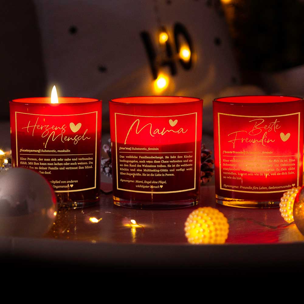 Duftkerze im Glas mit Spruch als Geschenk Nr. 1 "Definition" - Mittelgroß | Duft: Vanille | Farbe wählbar | goldene Schrift | Handgegossen in Bayern | 100% Sojawachs | 200 g Wachs | bis zu 50 h Brenndauer