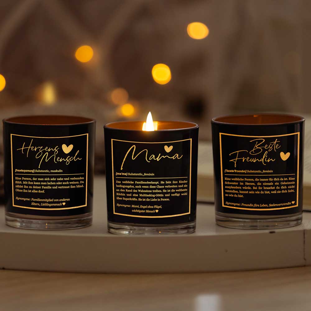 Duftkerze im Glas mit Spruch als Geschenk Nr. 1 "Definition" - Mittelgroß | Duft: Vanille | Farbe wählbar | goldene Schrift | Handgegossen in Bayern | 100% Sojawachs | 200 g Wachs | bis zu 50 h Brenndauer