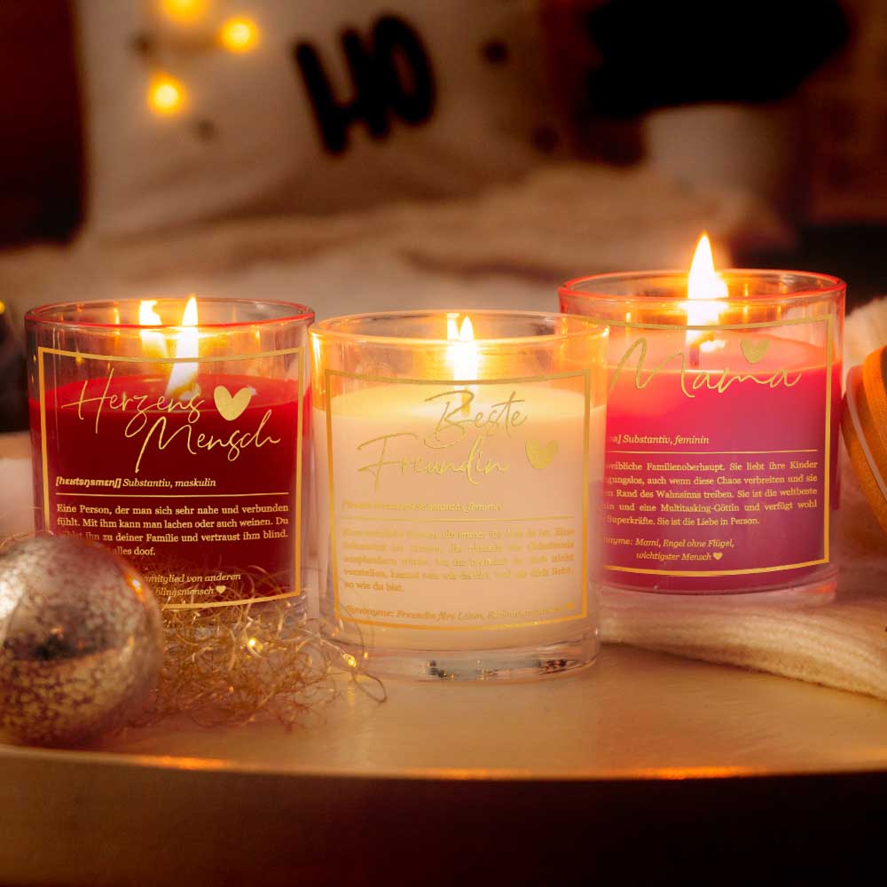 Duftkerze im Glas mit Spruch als Geschenk Nr. 1 "Definition" - Mittelgroß | Duft & Farbe wählbar | goldene Schrift | Handgegossen in Bayern | 100% Sojawachs | 200 g Wachs | 50 h Brenndauer