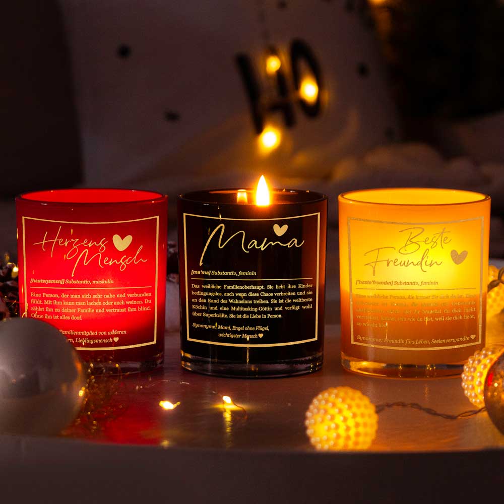 Duftkerze im Glas mit Spruch als Geschenk Nr. 1 "Definition" - Mittelgroß | Duft: Vanille | Farbe wählbar | goldene Schrift | Handgegossen in Bayern | 100% Sojawachs | 200 g Wachs | bis zu 50 h Brenndauer