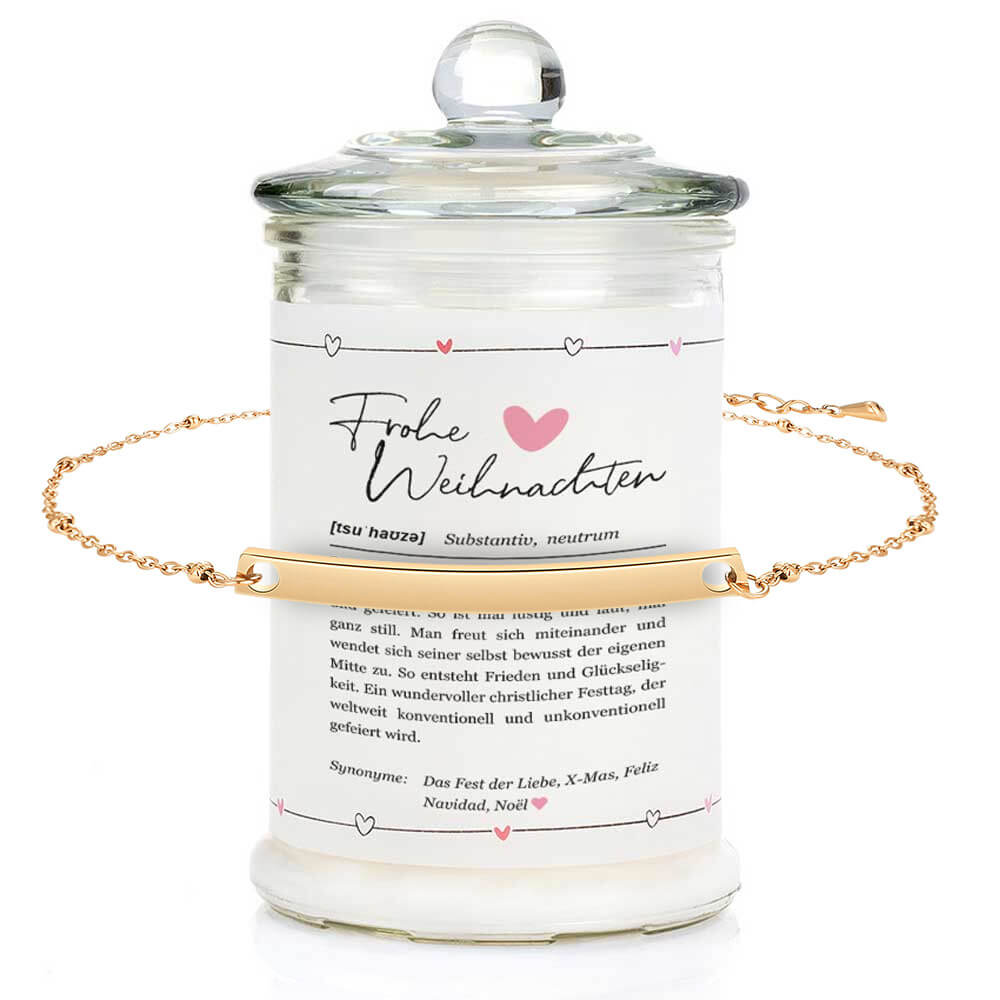 Schmuckkerze Nr.1 "Definition" inkl. Personalisiertem Edelstahl Armband mit Gravur als Überraschung | Duftkerze im Glas | Duft: Vanille | Handgemacht | 100% Sojawachs | 100h Brenndauer