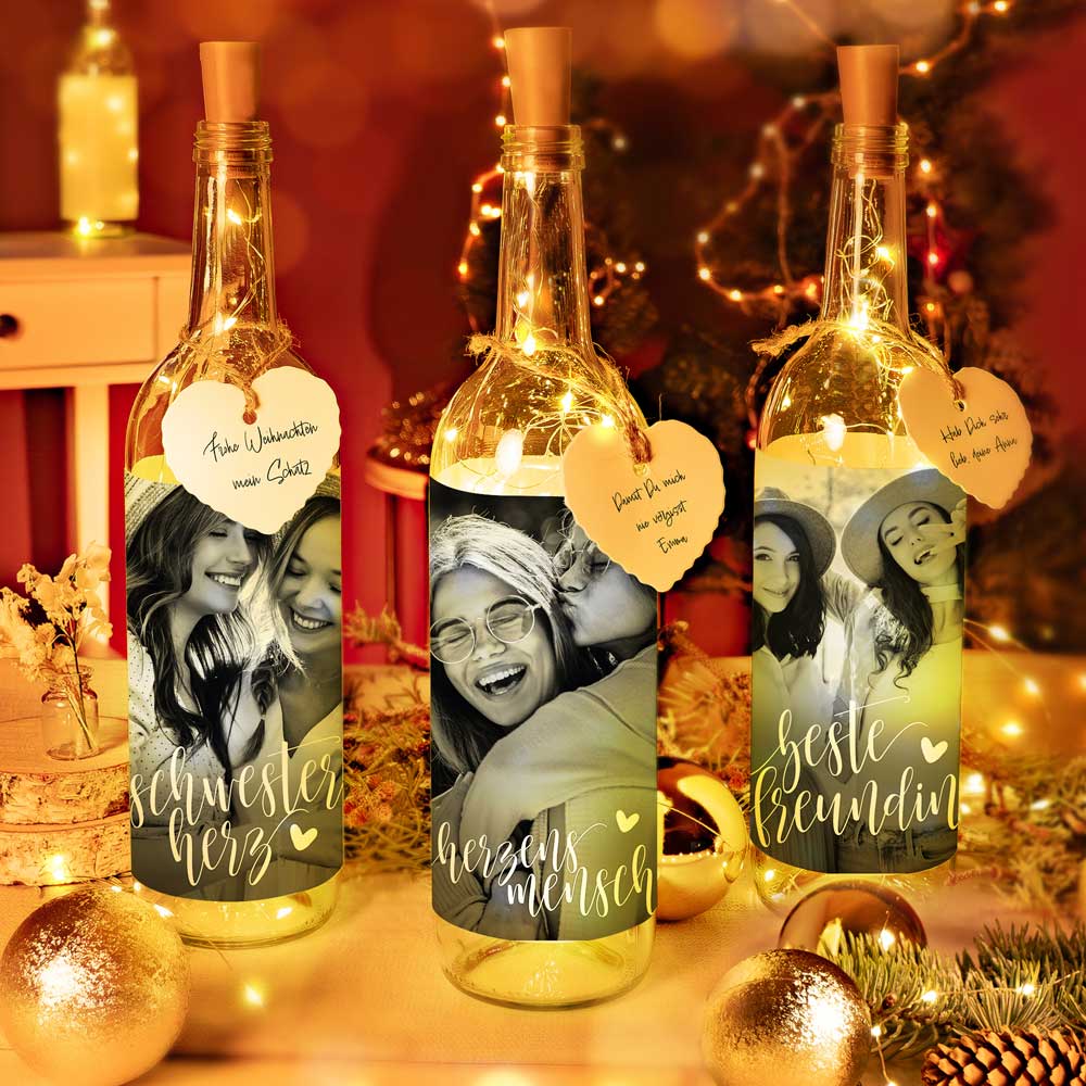 Deko-Glasflasche Nr. 7 "Foto" als personalisiertes Geschenk mit Lichterkette | Fotogeschenk | inkl. Batterien