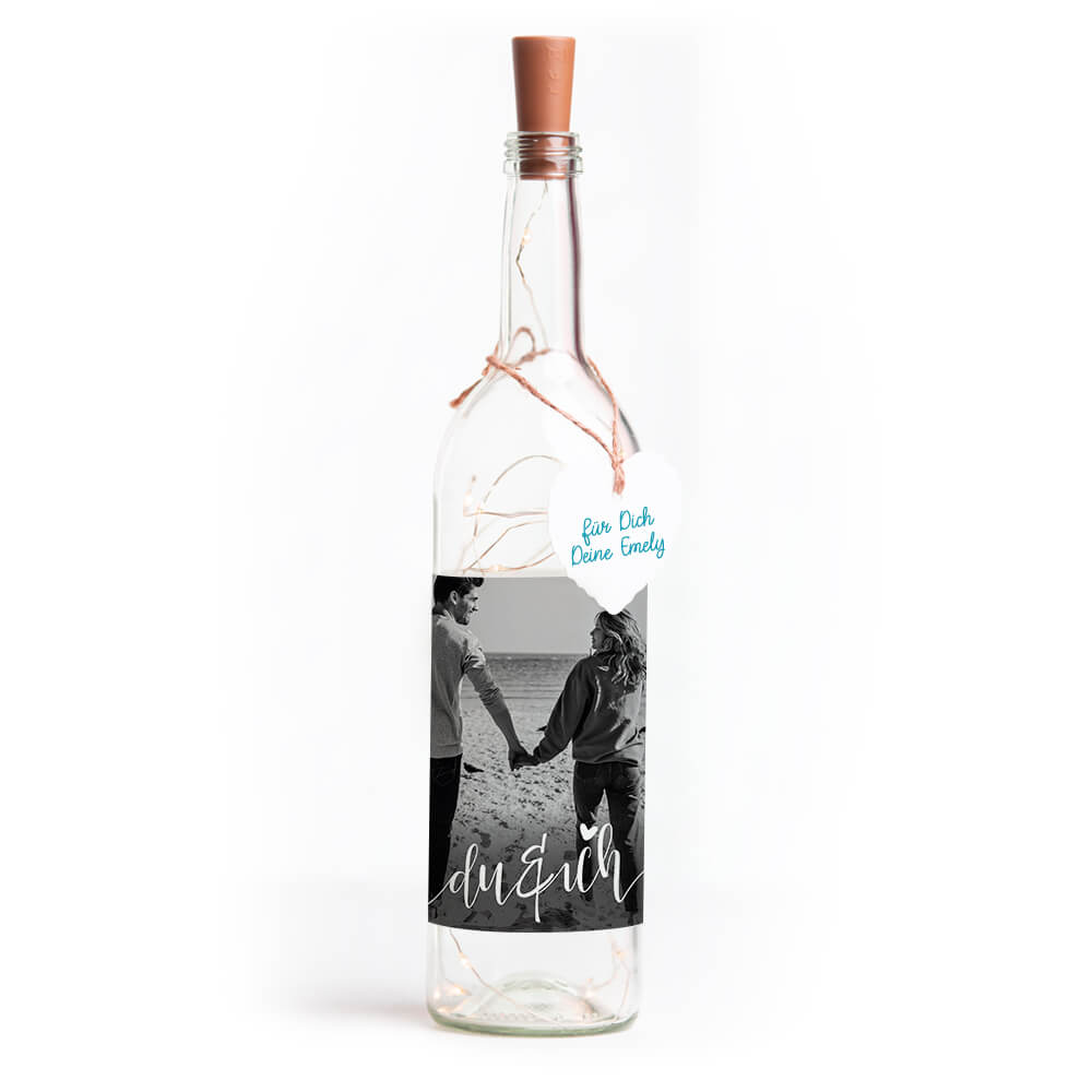 Deko-Glasflasche Nr. 7 "Foto" als personalisiertes Geschenk mit Lichterkette | Fotogeschenk | inkl. Batterien