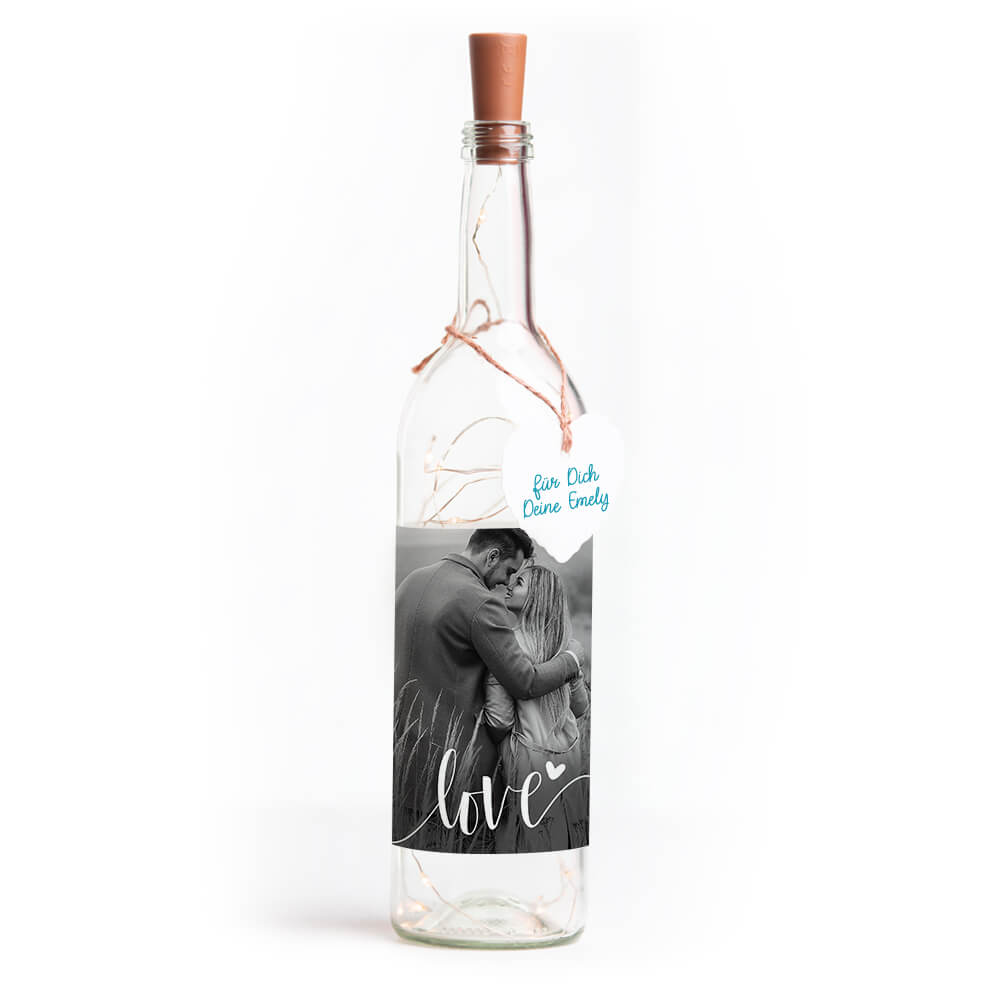 Deko-Glasflasche Nr. 7 "Foto" als personalisiertes Geschenk mit Lichterkette | Fotogeschenk | inkl. Batterien