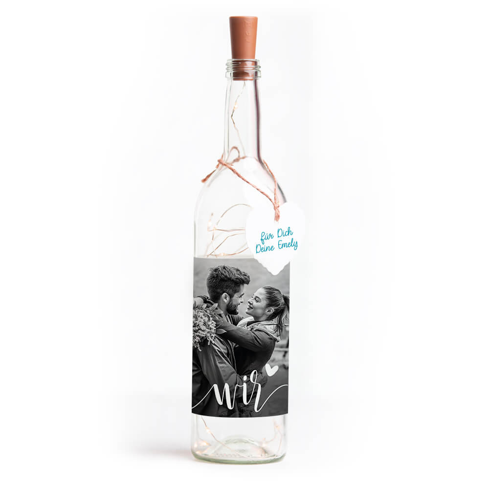 Deko-Glasflasche Nr. 7 "Foto" als personalisiertes Geschenk mit Lichterkette | Fotogeschenk | inkl. Batterien