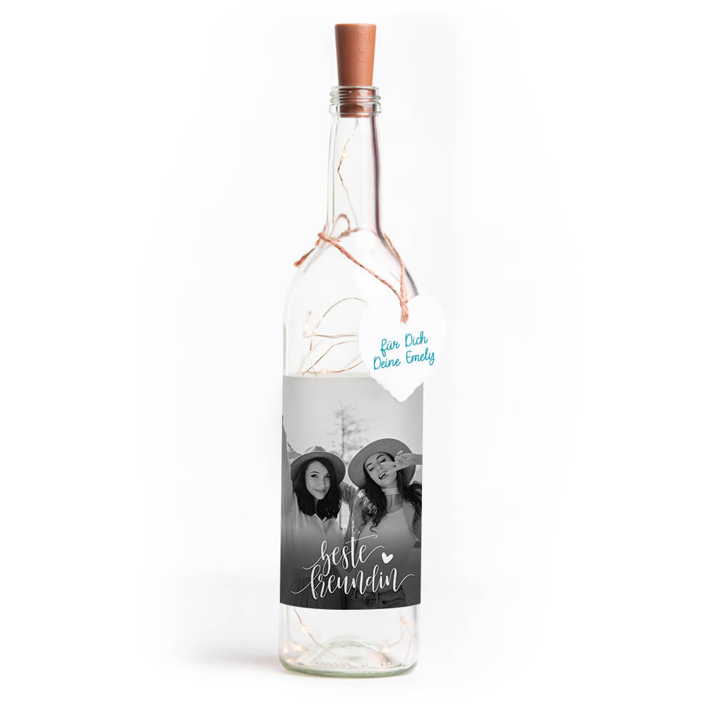 Deko-Glasflasche Nr. 7 "Foto" als personalisiertes Geschenk mit Lichterkette | Fotogeschenk | inkl. Batterien
