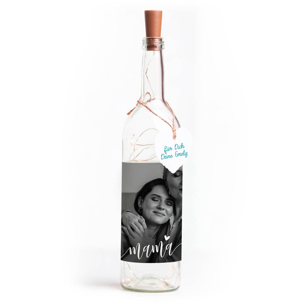Deko-Glasflasche Nr. 7 "Foto" als personalisiertes Geschenk mit Lichterkette | Fotogeschenk | inkl. Batterien