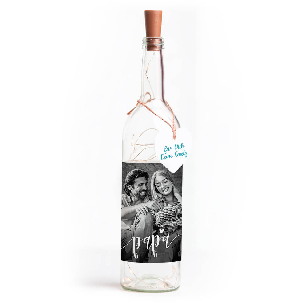 Deko-Glasflasche Nr. 7 "Foto" als personalisiertes Geschenk mit Lichterkette | Fotogeschenk | inkl. Batterien