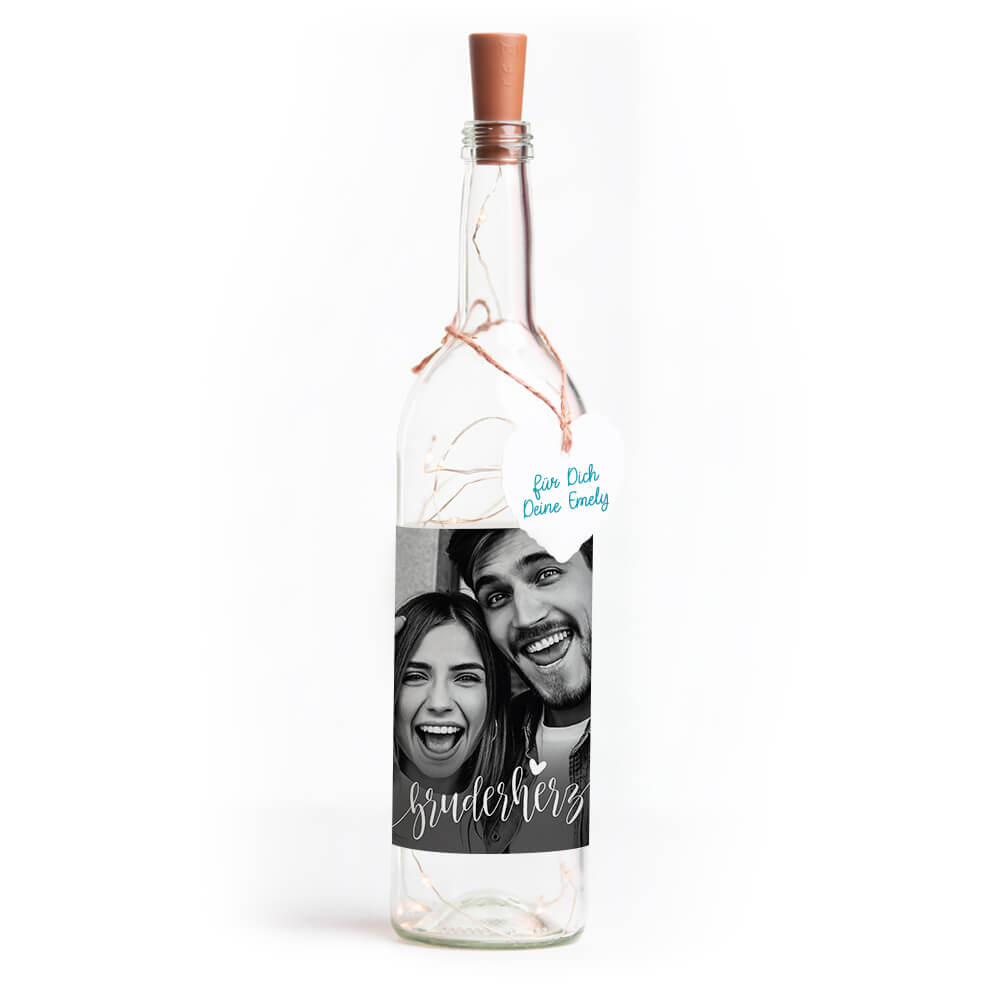 Deko-Glasflasche Nr. 7 "Foto" als personalisiertes Geschenk mit Lichterkette | Fotogeschenk | inkl. Batterien