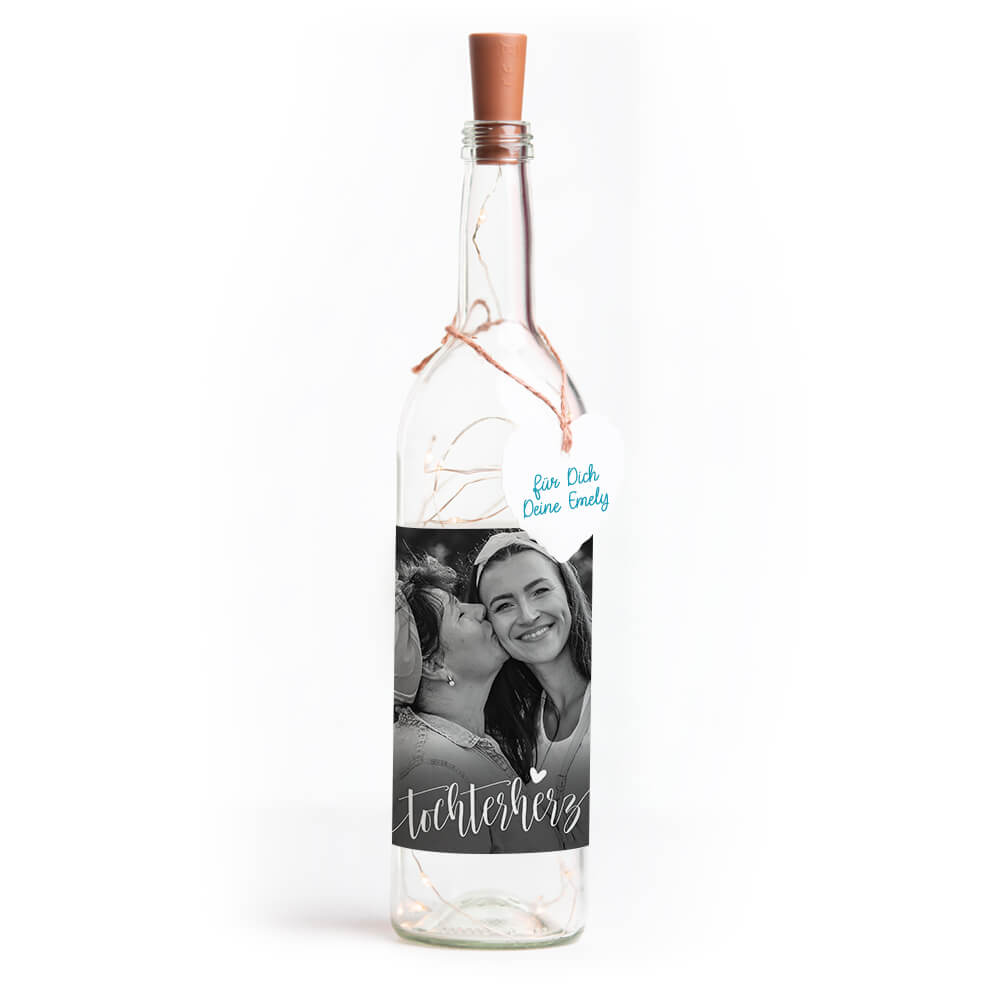 Deko-Glasflasche Nr. 7 "Foto" als personalisiertes Geschenk mit Lichterkette | Fotogeschenk | inkl. Batterien