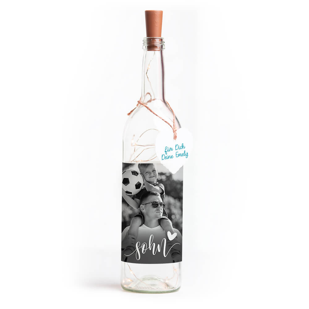 Deko-Glasflasche Nr. 7 "Foto" als personalisiertes Geschenk mit Lichterkette | Fotogeschenk | inkl. Batterien