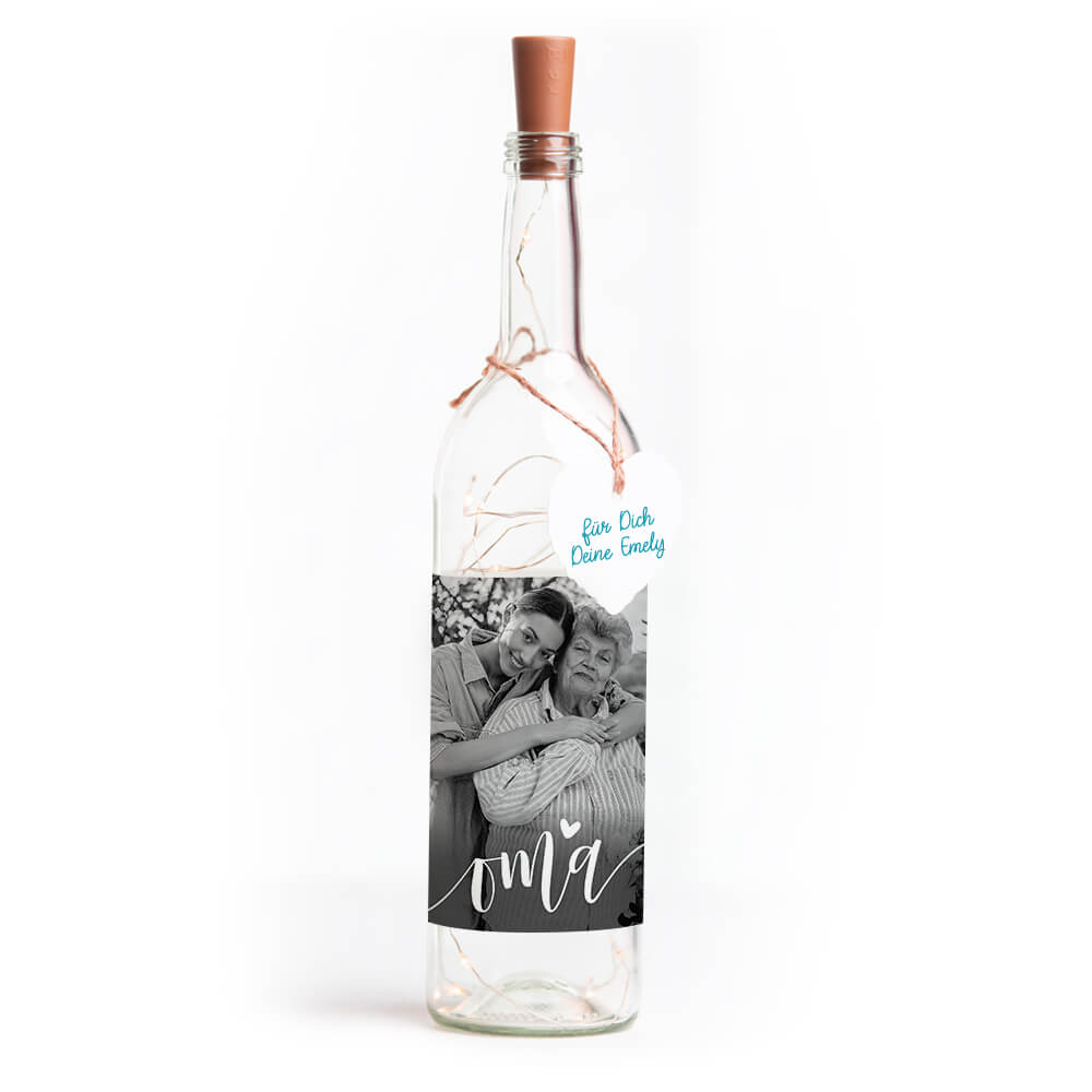 Deko-Glasflasche Nr. 7 "Foto" als personalisiertes Geschenk mit Lichterkette | Fotogeschenk | inkl. Batterien