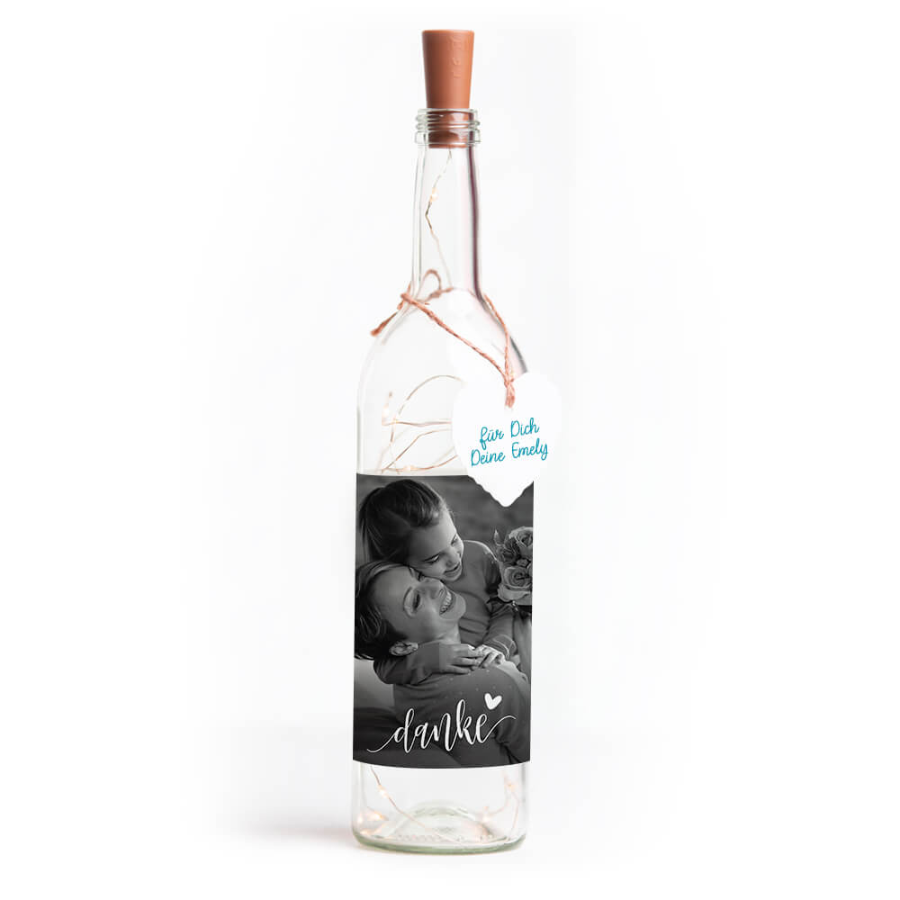 Deko-Glasflasche Nr. 7 "Foto" als personalisiertes Geschenk mit Lichterkette | Fotogeschenk | inkl. Batterien
