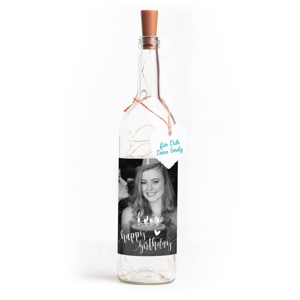 Deko-Glasflasche Nr. 7 "Foto" als personalisiertes Geschenk mit Lichterkette | Fotogeschenk | inkl. Batterien