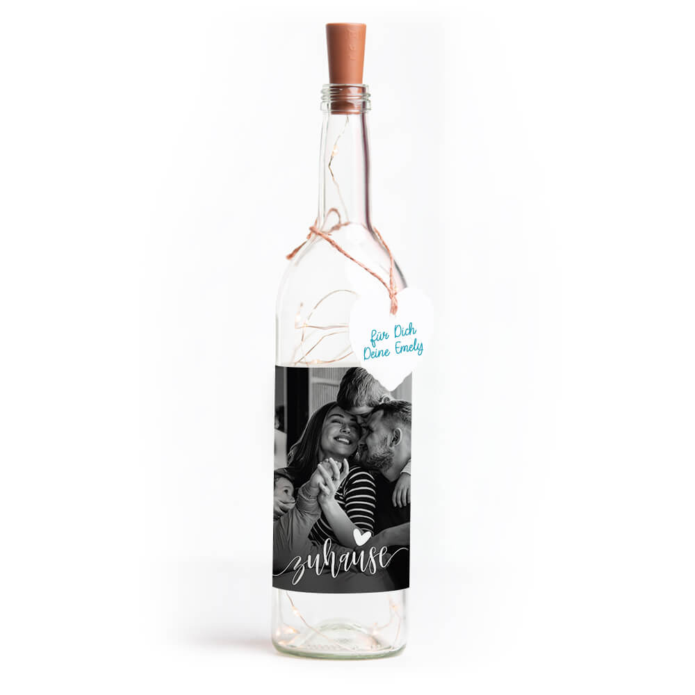 Deko-Glasflasche Nr. 7 "Foto" als personalisiertes Geschenk mit Lichterkette | Fotogeschenk | inkl. Batterien