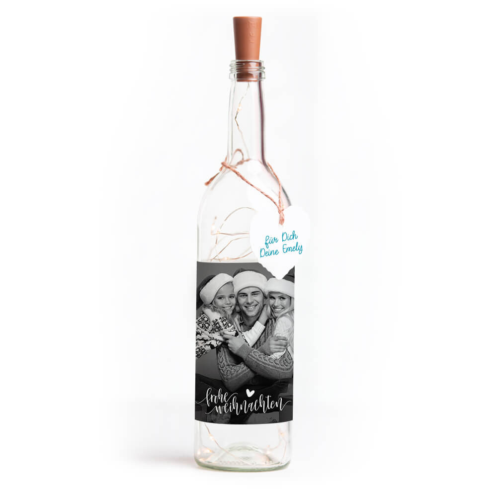 Deko-Glasflasche Nr. 7 "Foto" als personalisiertes Geschenk mit Lichterkette | Fotogeschenk | inkl. Batterien
