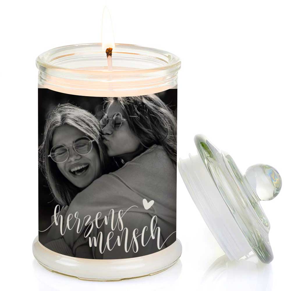 Duftkerze im Glas Nr. 7 "Foto" als personalisiertes Geschenk - Groß | Duft: Vanille | Handgegossen in Bayern | 100% Sojawachs | 400 g Wachs | bis zu 100 h Brenndauer