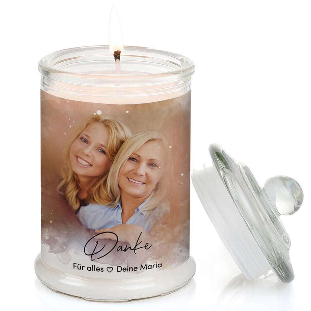 Duftkerze im Glas Nr. 8 "Aquarell" als personalisiertes Geschenk mit deinem eigenem Foto - Groß | Duft: Vanille | Handgegossen in Bayern | 100% Sojawachs | 400 g Wachs | bis zu 100 h Brenndauer