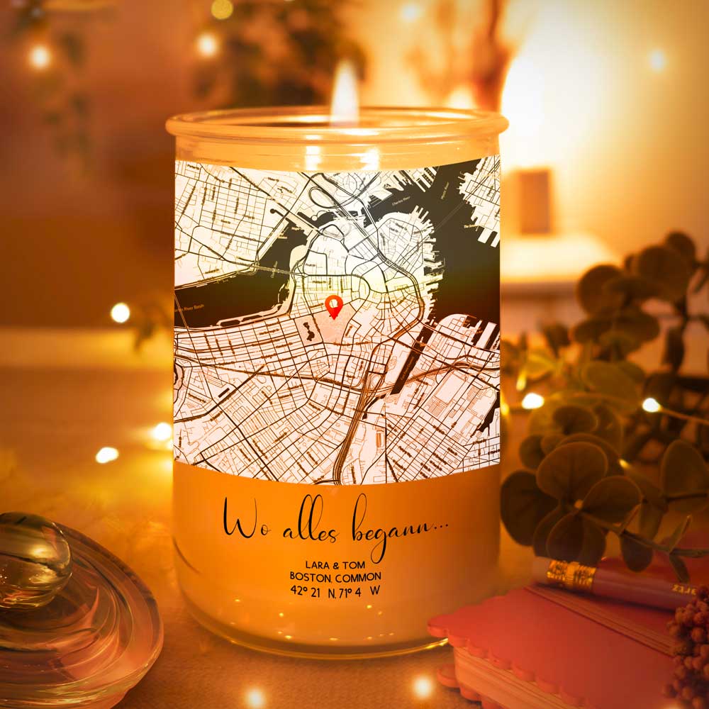 Personalisierte Duftkerze "Wo alles begann #1" | Deine Stadt - Deine Karte - Deine Liebe