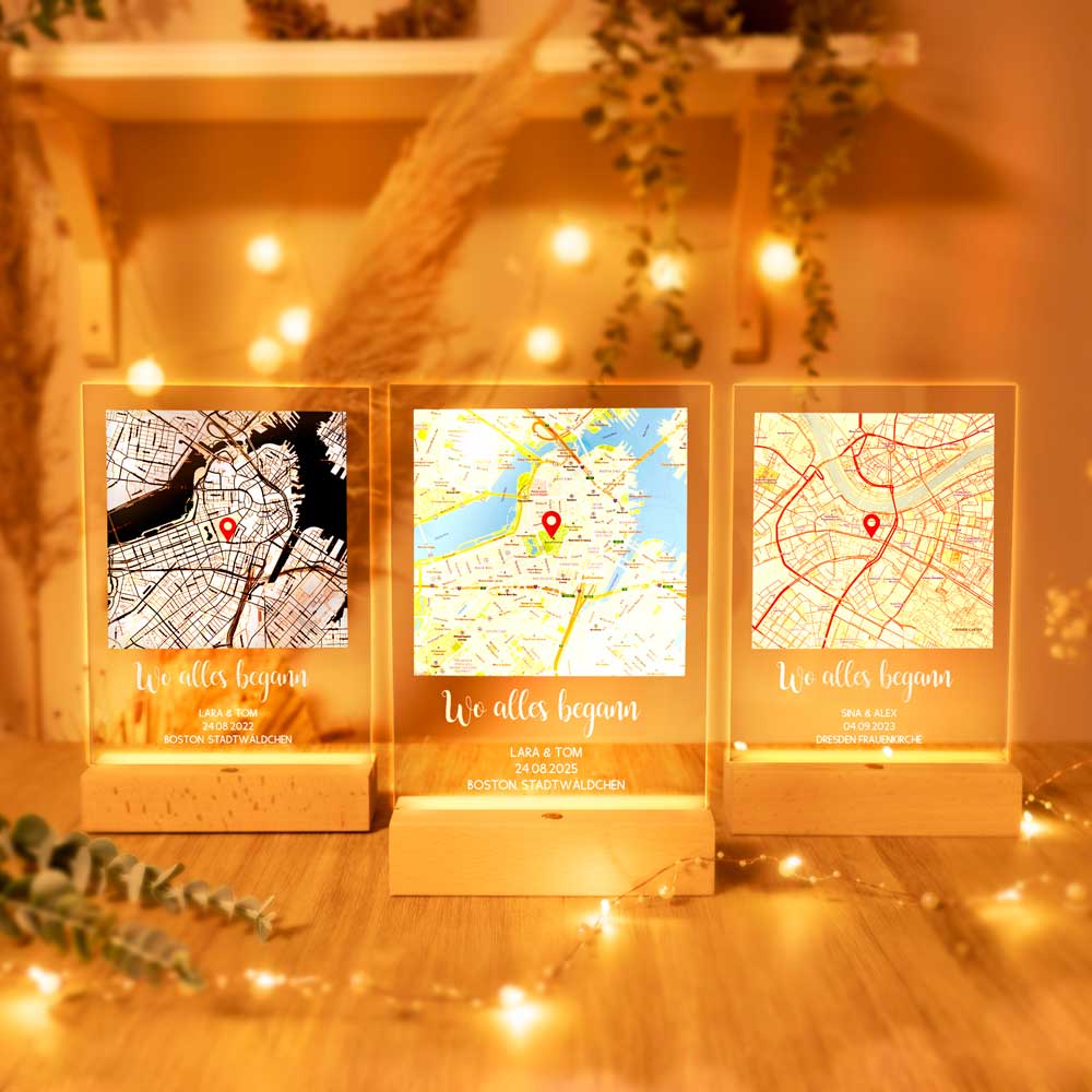 Personalisierte LED-Lampe aus Acrylglas "Wo alles begann #1" | Deine Stadt - Deine Karte - Deine Liebe