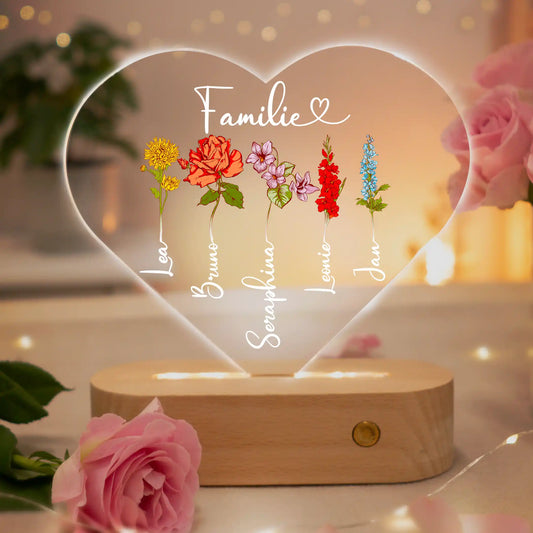 Personalisierte Herz-LED-Lampe aus Acrylglas "Geburtsblume"