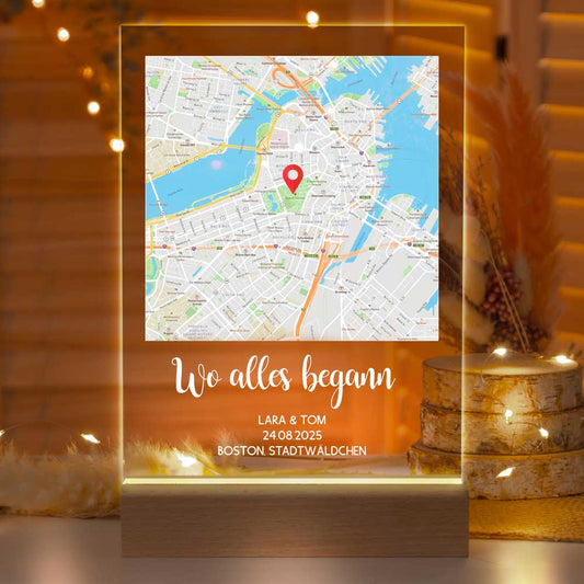 Personalisierte LED-Lampe aus Acrylglas "Wo alles begann #1" | Deine Stadt - Deine Karte - Deine Liebe