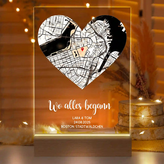 Personalisierte LED-Lampe aus Acrylglas "Wo alles begann #2" | Deine Stadt - Deine Karte - Deine Liebe
