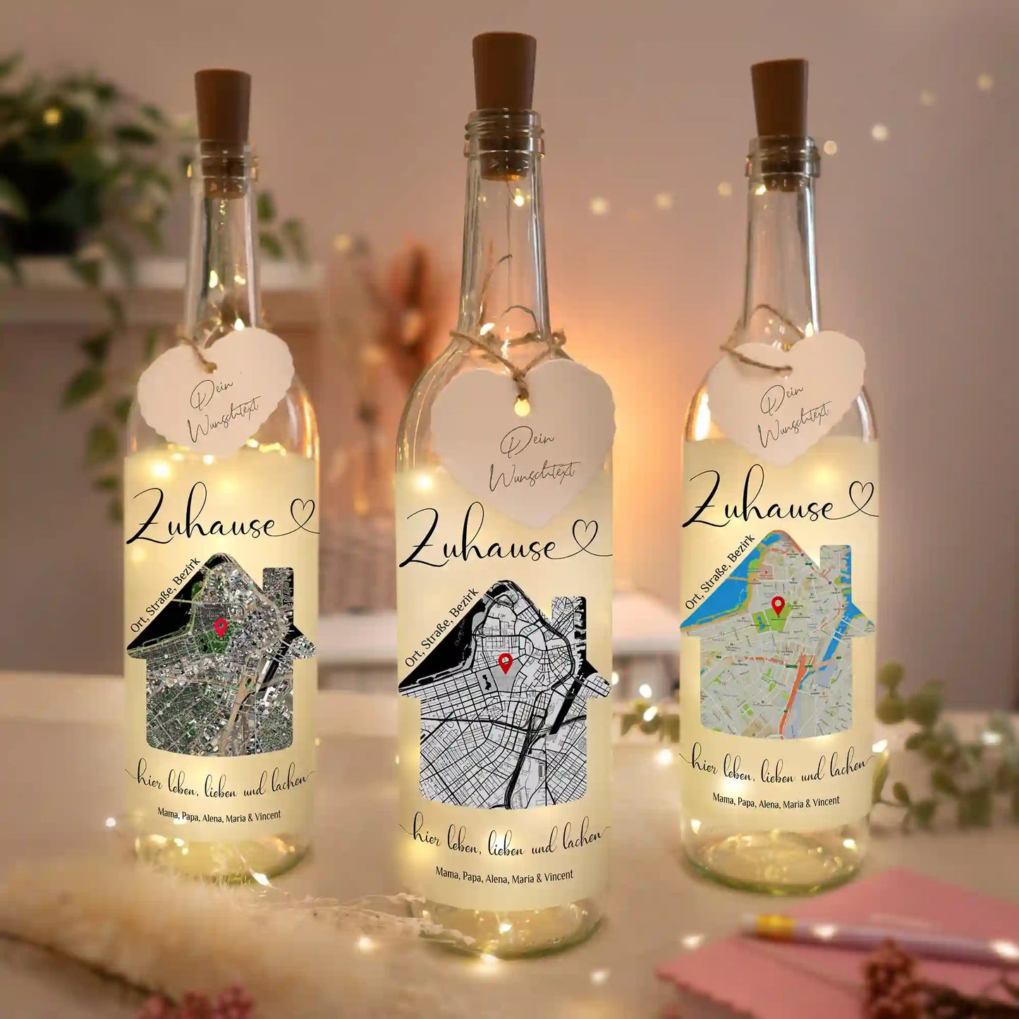 Personalisierte Lichterflasche "Unser Zuhause"