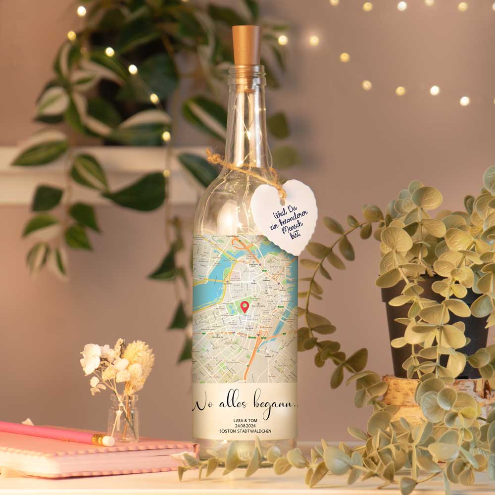 Personalisierte Lichterflasche "Wo alles begann #1" | Deine Stadt - Deine Karte - Deine Liebe