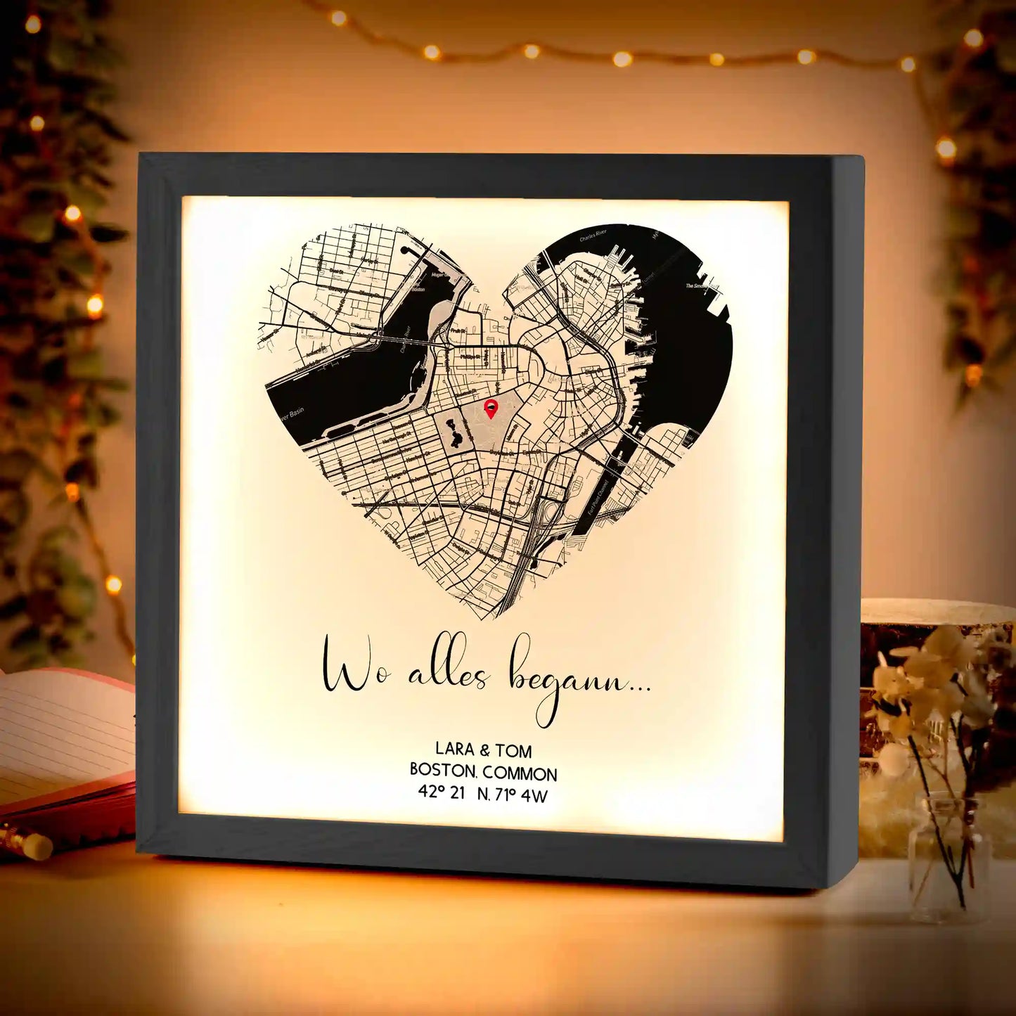 Beleuchteter Bilderrahmen inkl. personalisiertem Bild "Wo alles begann #2" | Deine Stadt - Deine Karte - Deine Liebe