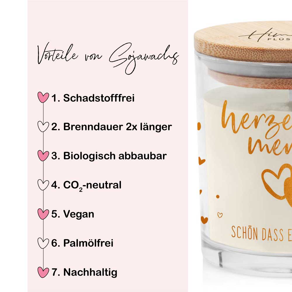 Duftkerze im Glas mit Spruch als Geschenk Nr. 2 "Herz" - Mittelgroß | Duft & Farbe wählbar | goldene Schrift | Handgegossen in Bayern | 100% Sojawachs | 200 g Wachs | 50 h Brenndauer