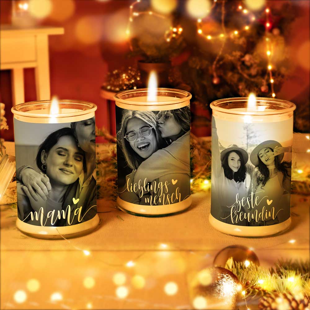 Duftkerze im Glas Nr. 7 "Foto" als personalisiertes Geschenk - Groß | Duft: Vanille | Handgegossen in Bayern | 100% Sojawachs | 400 g Wachs | bis zu 100 h Brenndauer