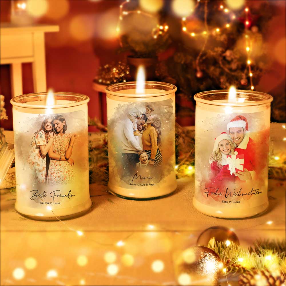Duftkerze im Glas Nr. 8 "Aquarell" als personalisiertes Geschenk mit deinem eigenem Foto - Groß | Duft: Vanille | Handgegossen in Bayern | 100% Sojawachs | 400 g Wachs | bis zu 100 h Brenndauer