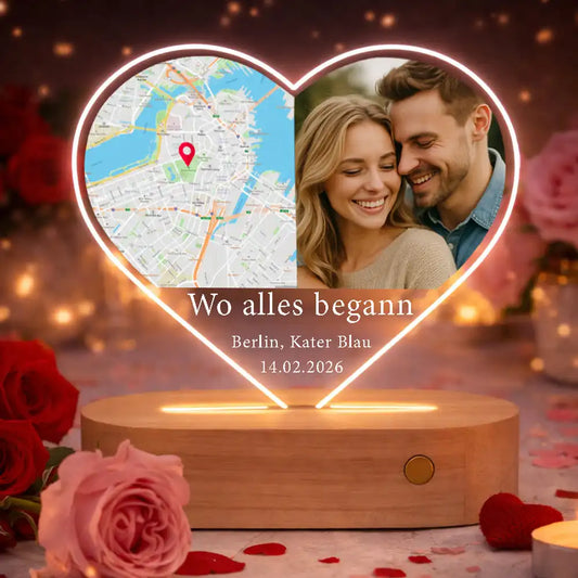 Personalisierte Herz-LED-Lampe aus Acrylglas "Wo alles begann #6" | Deine Stadt - Deine Karte - Deine Liebe