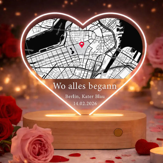 Personalisierte Herz-LED-Lampe aus Acrylglas "Wo alles begann #7" | Deine Stadt - Deine Karte - Deine Liebe