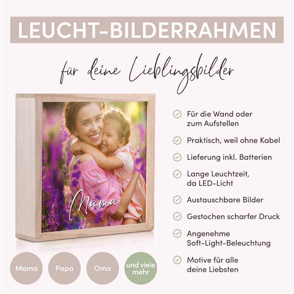 Beleuchteter Bilderrahmen inkl. deinem Foto | Batterie betrieben (ohne Kabel) | für die Wand oder zum Aufstellen | angenehmes Licht | Handmade in Bayern aus Holz | 20x20 cm