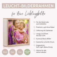 Beleuchteter Bilderrahmen inkl. deinem Foto | Batterie betrieben (ohne Kabel) | für die Wand oder zum Aufstellen | angenehmes Licht | Handmade in Bayern aus Holz | 20x20 cm