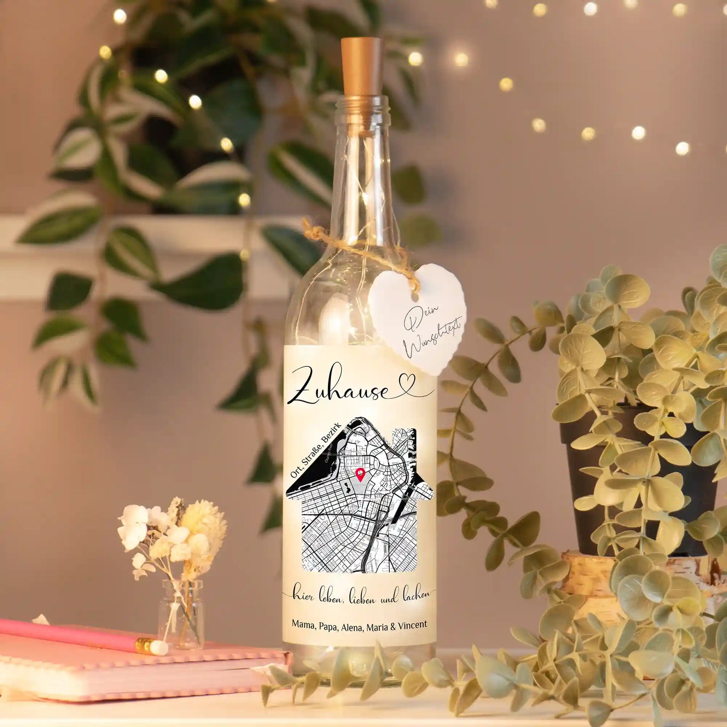 Personalisierte Lichterflasche "Unser Zuhause"