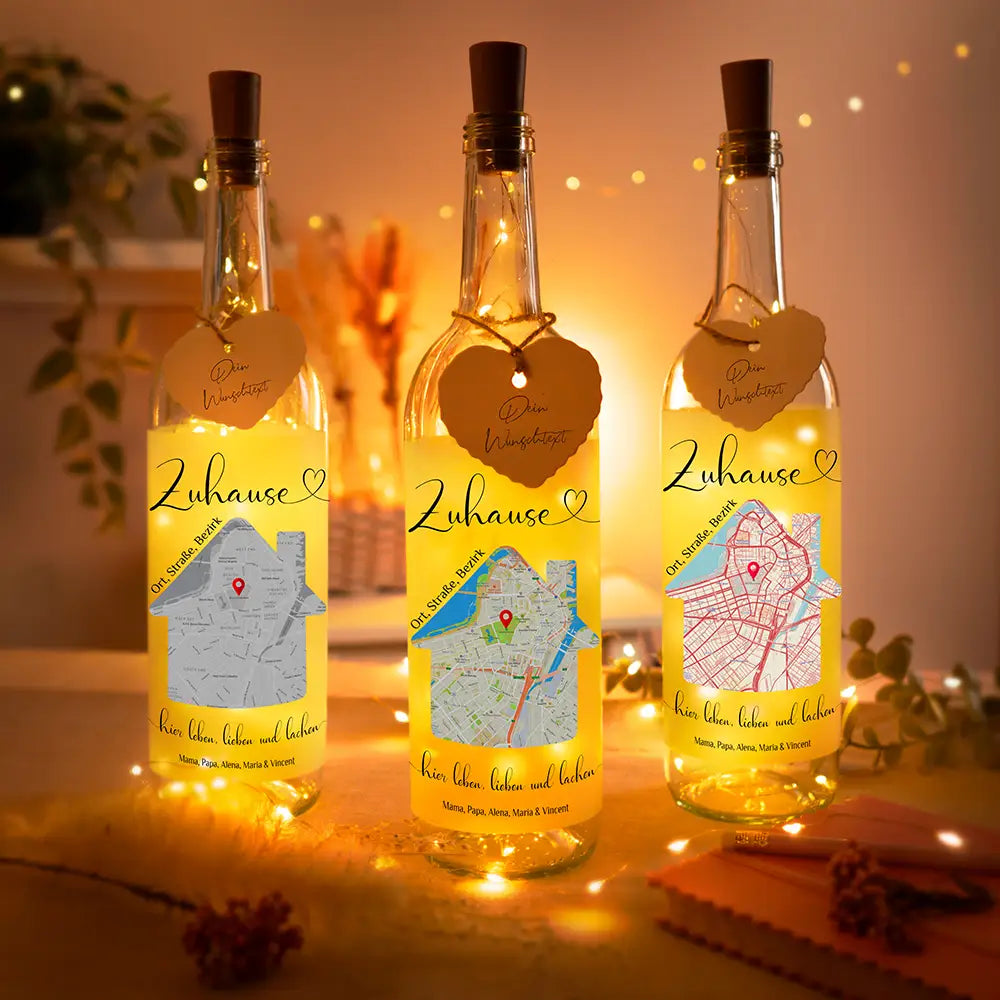 Personalisierte Lichterflasche "Unser Zuhause"