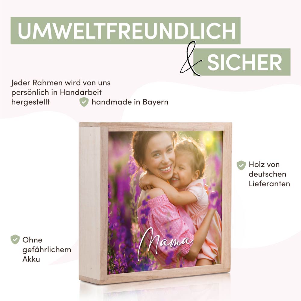 Beleuchteter Bilderrahmen inkl. deinem Foto | Batterie betrieben (ohne Kabel) | für die Wand oder zum Aufstellen | angenehmes Licht | Handmade in Bayern aus Holz | 20x20 cm