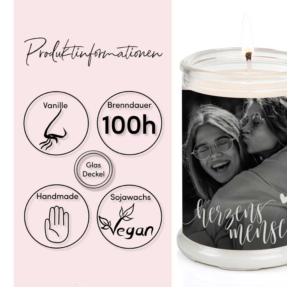 Duftkerze im Glas Nr. 7 "Foto" als personalisiertes Geschenk - Groß | Duft: Vanille | Handgegossen in Bayern | 100% Sojawachs | 400 g Wachs | bis zu 100 h Brenndauer