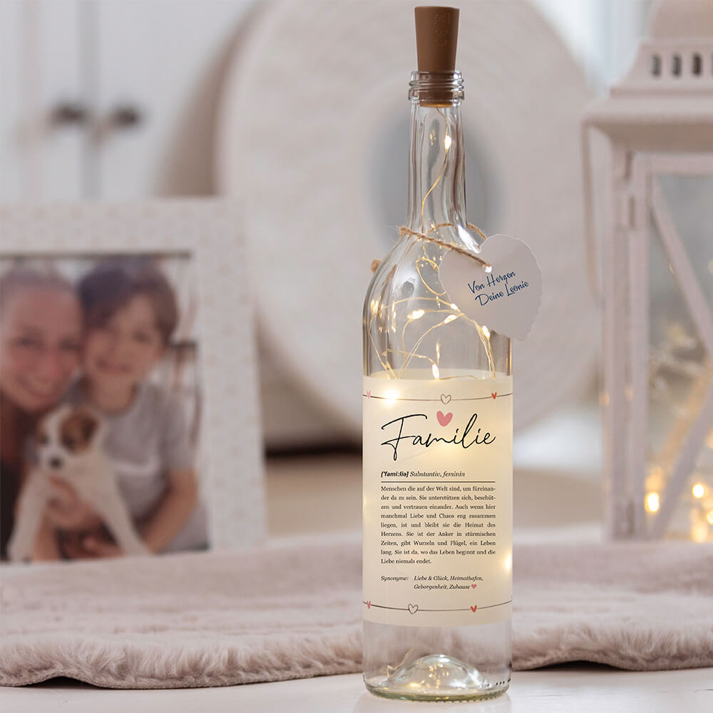 Deko-Glasflasche Nr. 1 "Definition" mit LED Lichterkette & Spruch im DUDEN-Stil als Geschenk | Lichterflasche | Flaschenlicht | LED Deko